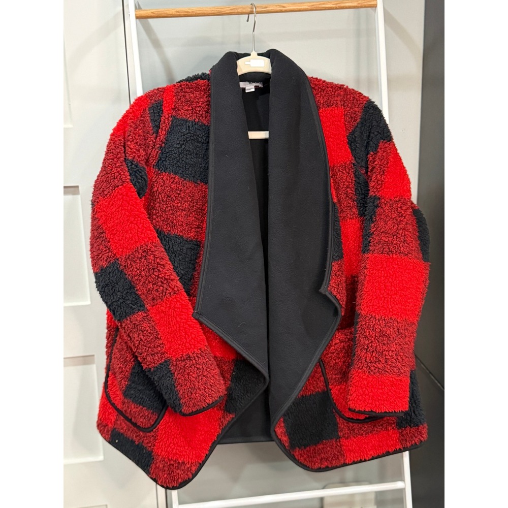 Sonoma Goods For Life Red Black Buffalo Plaid Sherpa Fleece Open Cardigan Small